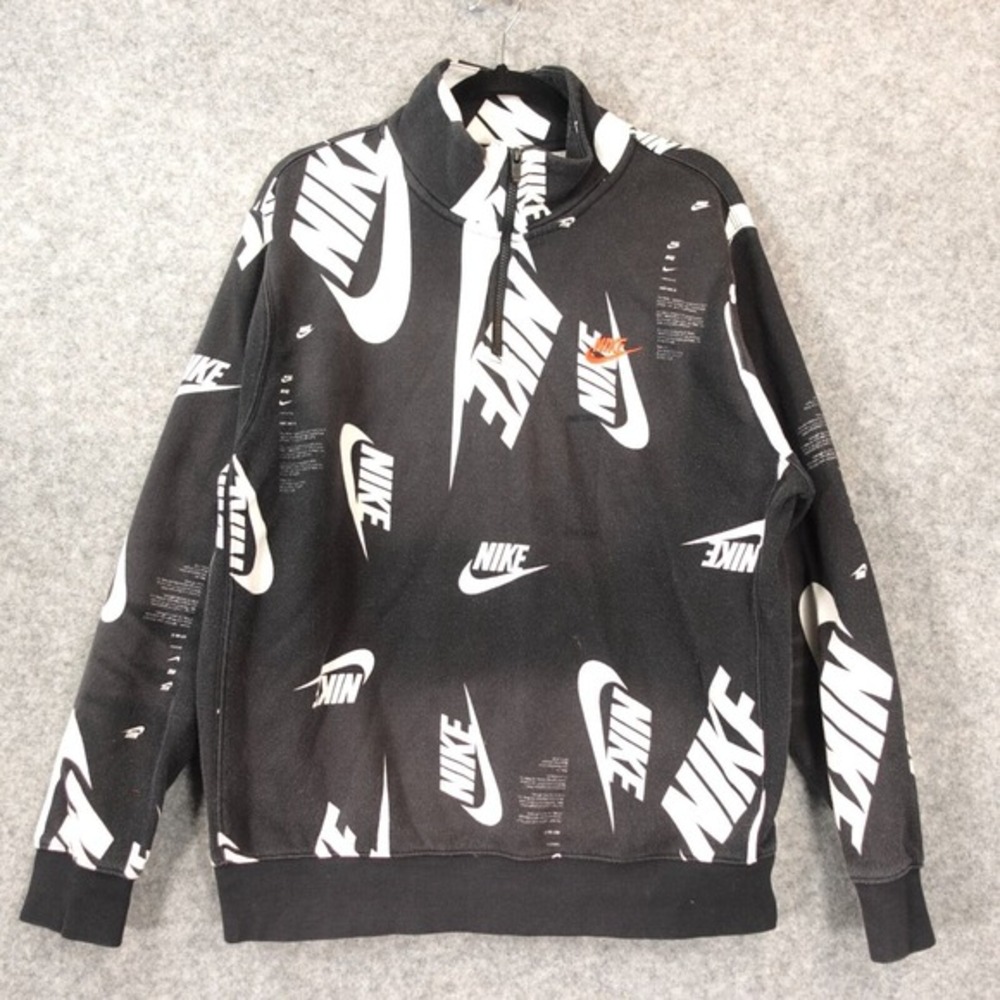 Nike Club‎ Swoosh All Over Sweatshirt Mens L Black Spell Put Logo Loose 1/4 Zip
